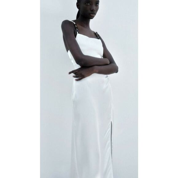 Zara Light Blue Chain Strap Satin Effect Midi Dress Size Medium Cocktail - Picture 8 of 14